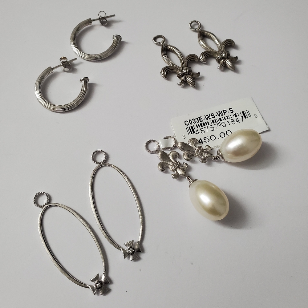 Rare Sterling Silver 925 Diamond and Pearl Interchangeable Hoop Earrings